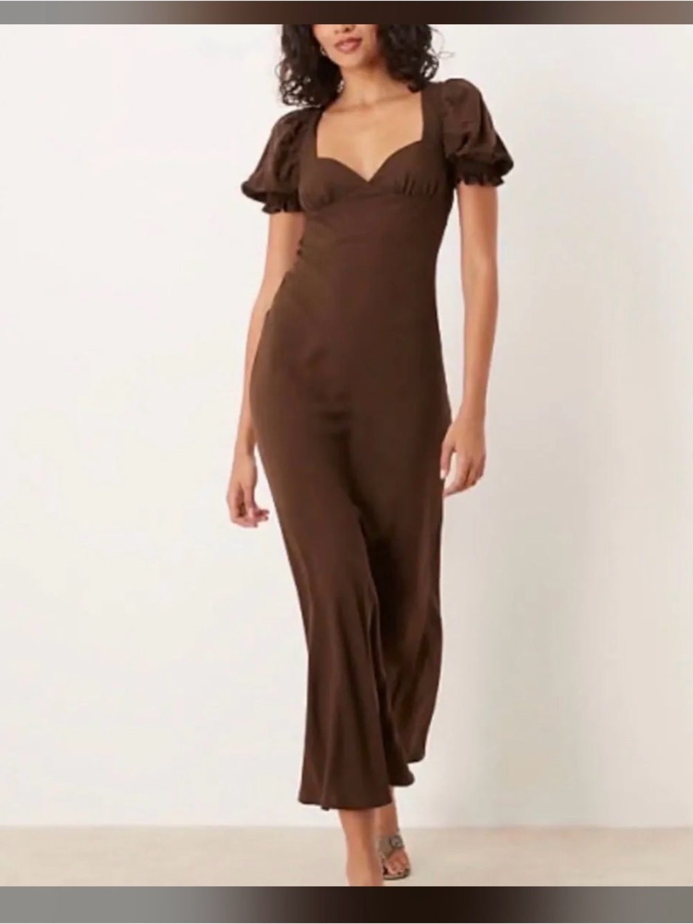 ASOS Chocolate Brown Sweetheart Neck Maxi Dress with Puff Sleeves